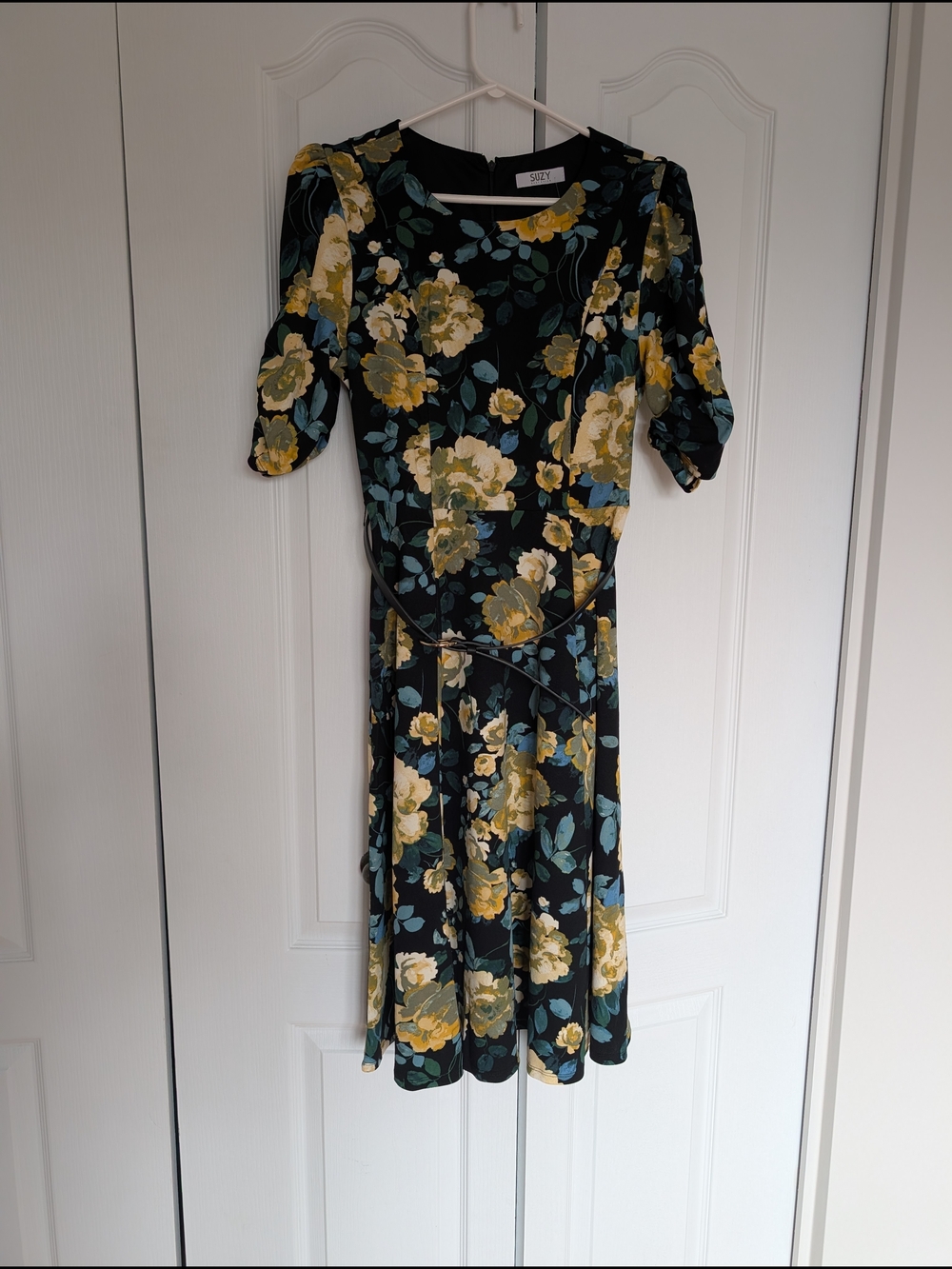 Suzy Shier Black Midi Dress with Yellow and Teal Floral Print